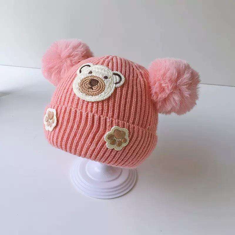 Baby Hat Winter Cute Cartoon Double Ball Wool Hat Boys and Girls Baby Ear Protector Knitted Hat Children's Pullover Hat