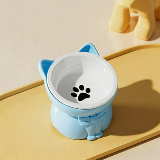 Integrated Cat Food & Water Bowl, Cute Ceramic Design, Sloped Mouth, High-Legged for Cervical Protection