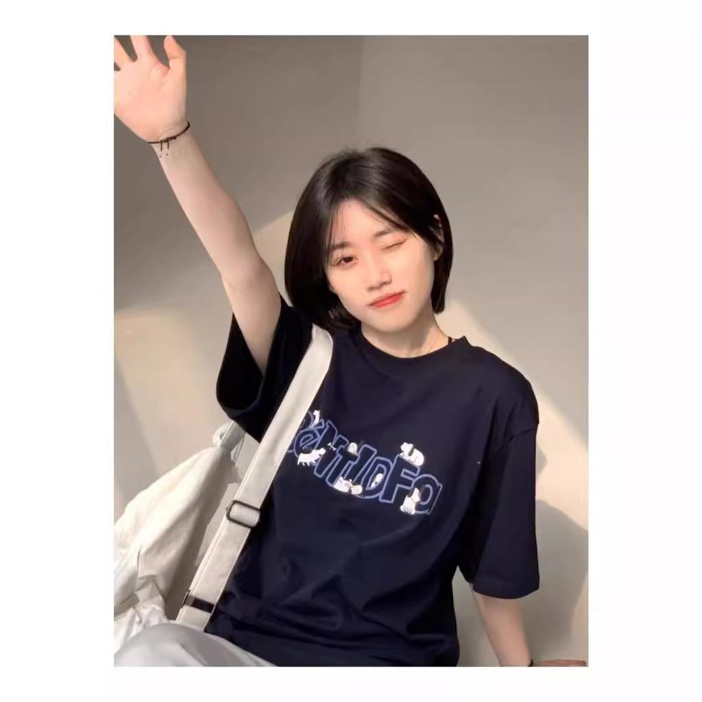 American Trendy Brand Pure Cotton Short-sleeved Women's Summer Fun Dog Print Couple Crew Neck T-shirt Loose Large Size Half-sleeved Top