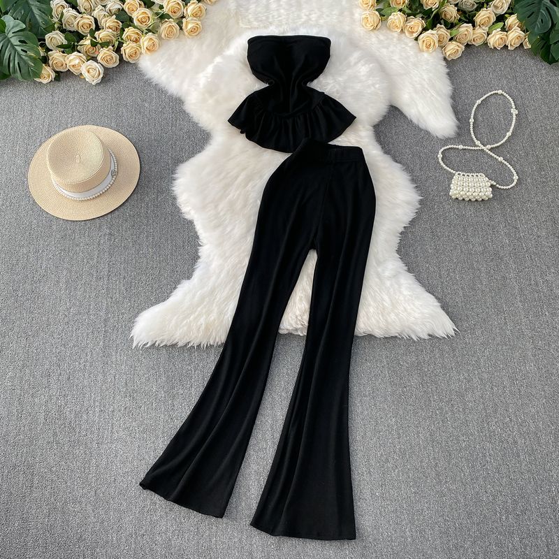 

Western Style Shoulder Strap Chest Pad Tube Top Vest Women Niche Frill Top + Slimming Trumpet pants Two-piece Set Black All yards