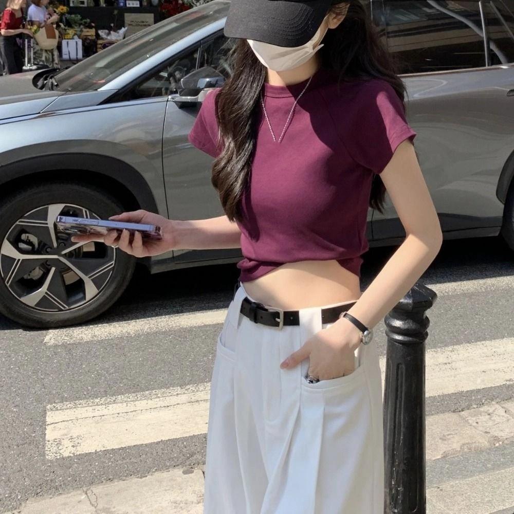 Chic Y2K Crop Top Solid Color Tees Shirts Women Simple Short Sleeve T-shirt Streetwear