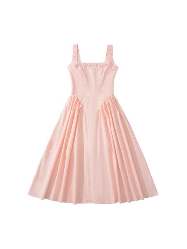 Vestido de noche rosa de estilo europeo y americano con volantes, escote cuadrado y talle alto para mujer.