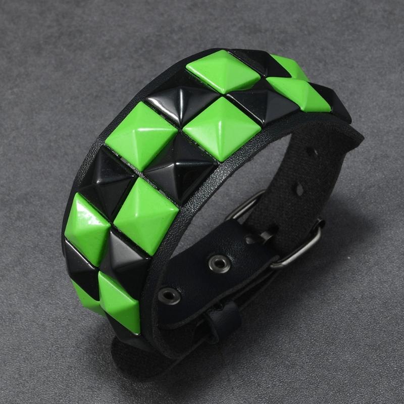 Studded Cuff Bracelet Double Row Square Studs Adjustable Closure PU Strap Punk Wrist Bangle for Concert Streetwear