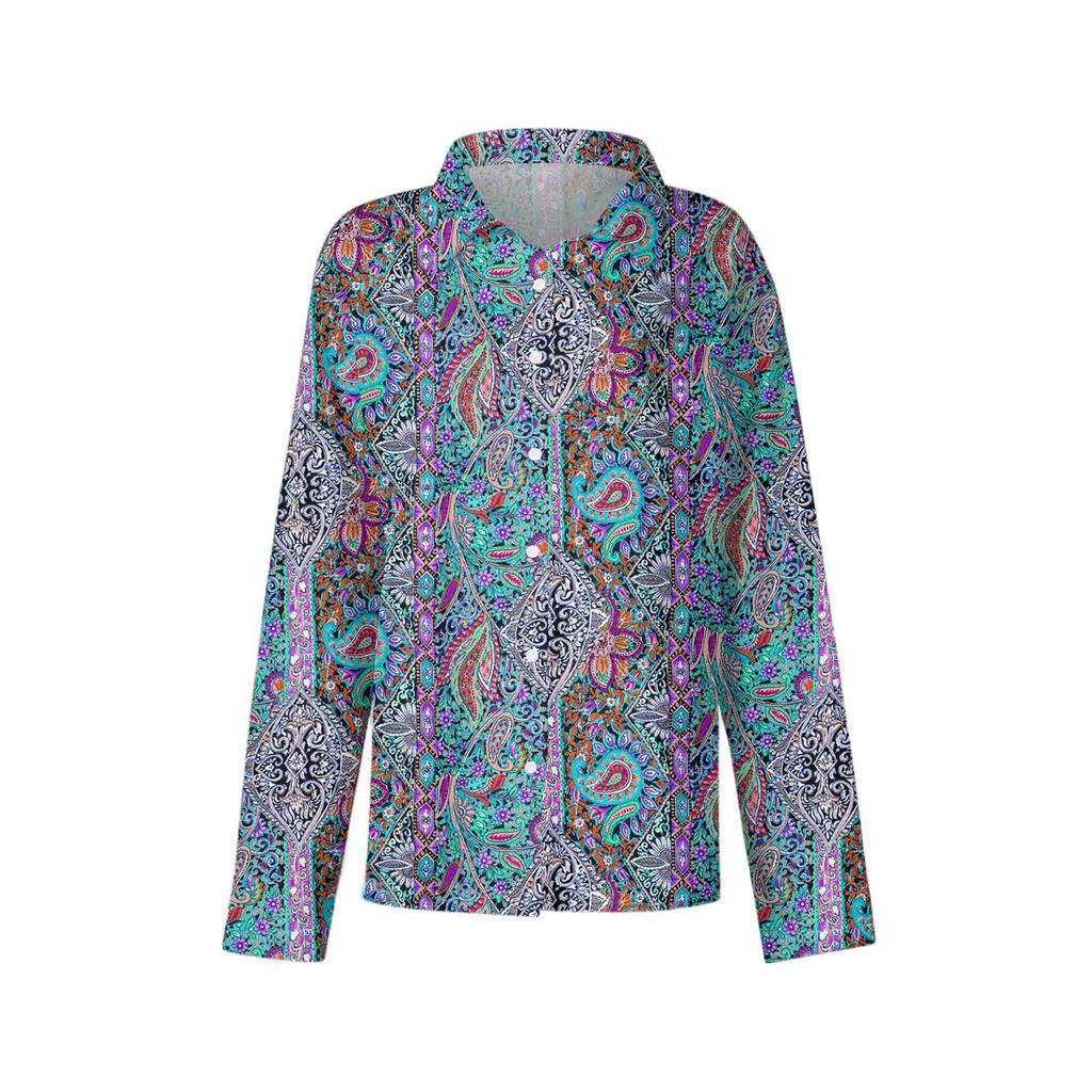 Women's Shirt With Floral Print Buttons, Long Sleeved Casual Regular Shirt Blouses Casual Plus Size Basic Tops