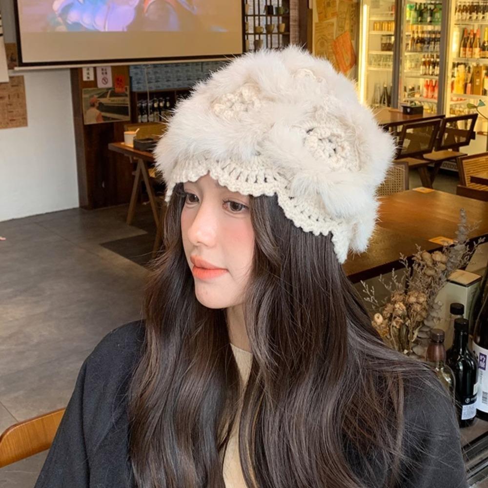 Korean Style Hand Crochet Cap Plush Faux Fur Hat Luxury Mesh Cap Women