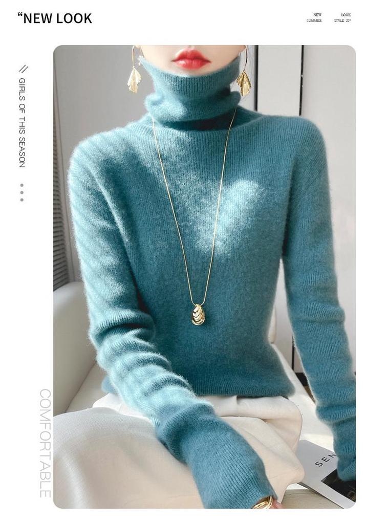 Women's High Neck Slim Striped Turtleneck Knitwear Sweater - Soft and Fluffy Long Sleeve for Autumn and Winter.