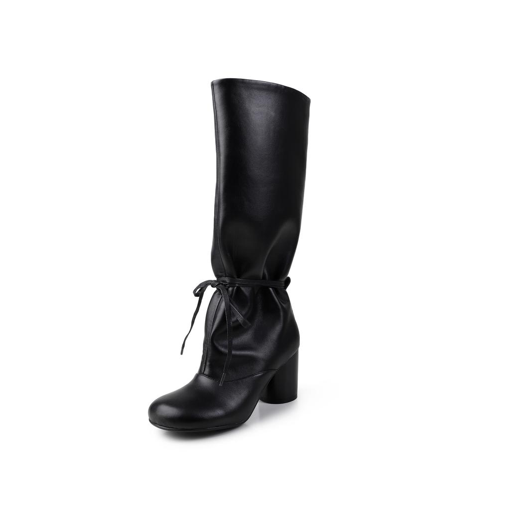 7.5CM fashionable wide tube strap high heel boots knight boots Korean version versatile round head thick heel but knee high boots