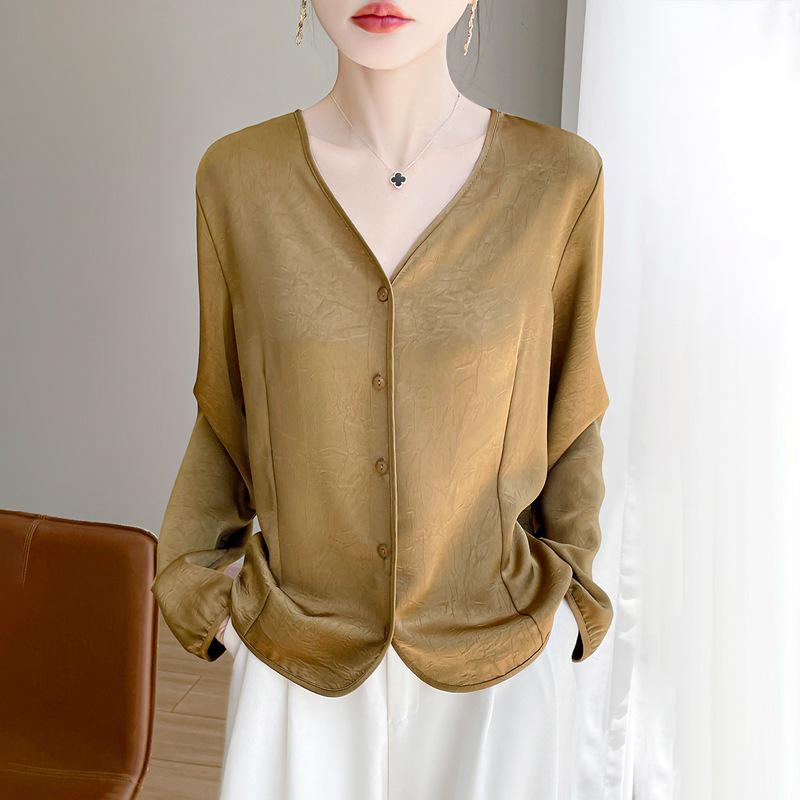 Women's Silk Satin V-Neck Long Sleeve Loose Shirt