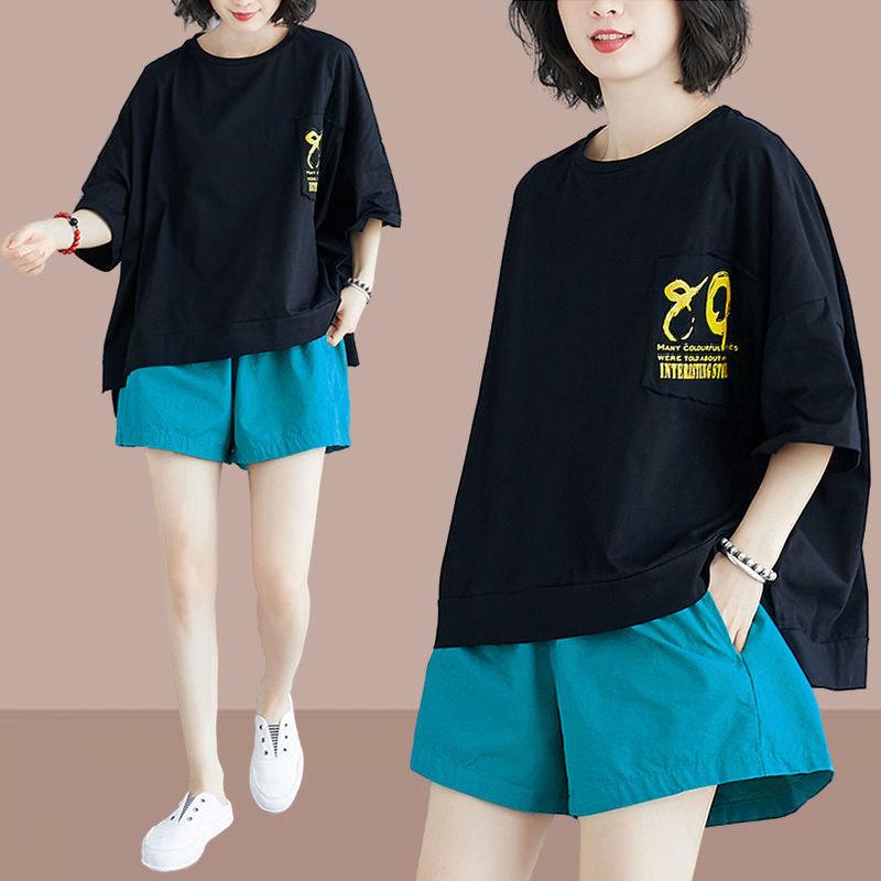 

Летний комплект из двух предметов: Свободная футболка и шорты с высокой талией XXL синий