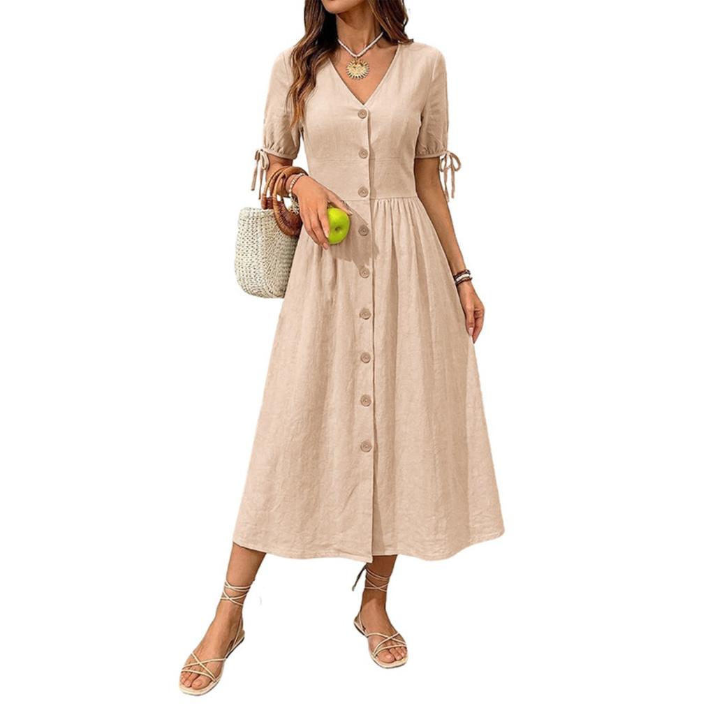Summer Women's Solid V-neck Short Sleeve Casual Dress European American Style Beach Holiday Vacation Dress