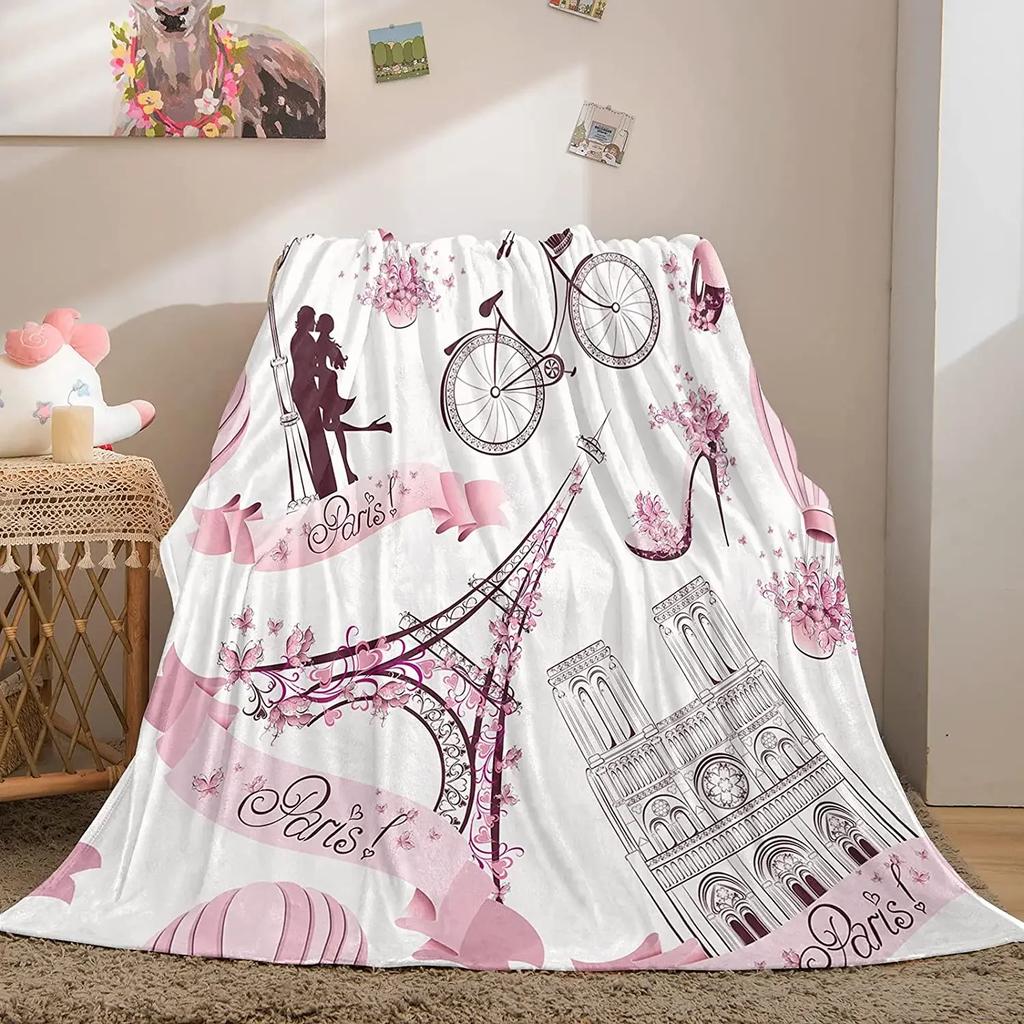 Eiffel Tower Flannel Throw Blanket Paris French Romantic Theme Blanket for Sofa Bed Car Travel Gift Lightweight Warm Super Soft