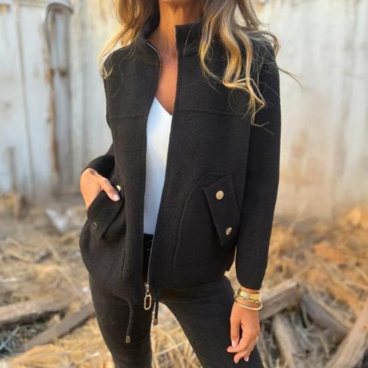 Women Woolen Coat Stand Collar Lightweight Warm Jacket Long Sleeve Solid Color Daily Wear with Pockets