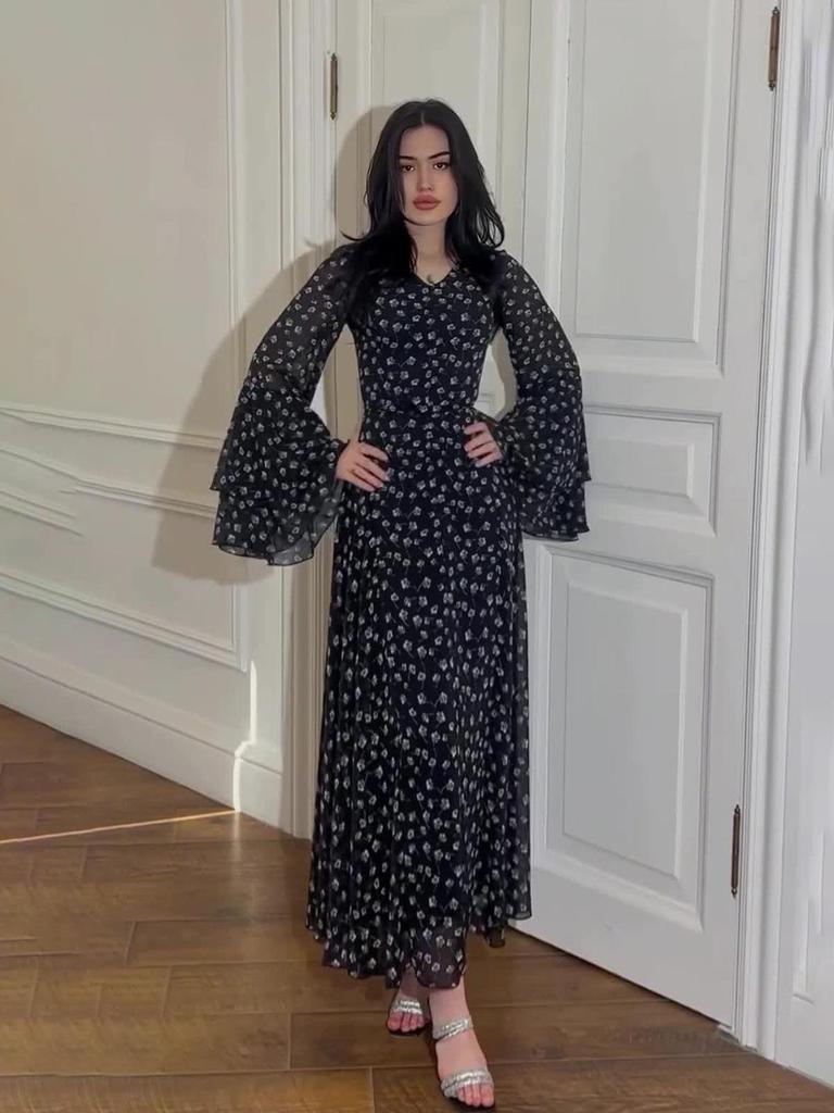 2024 Spring Chiffon Patchwork Dress with Irregular Hem and Ruffle Sleeves