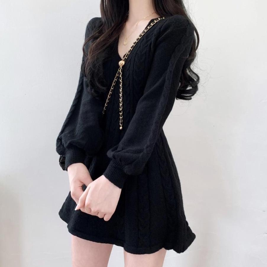 Πλεκτό Πλεκτό Πουλόβερ Μίνι Φόρεμα Γυναικεία Casual Φανάρι Κοντά Φορέματα Φθινοπωρινό Χειμώνα Γυναικεία με λαιμόκοψη