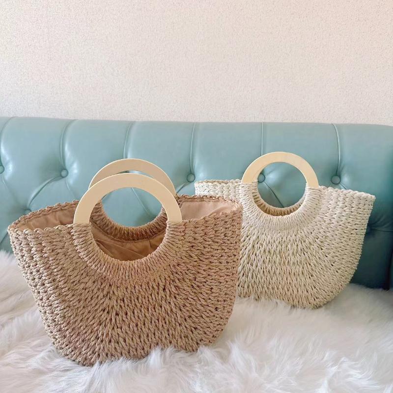 Přírodní bohémská ručně tkaná taška z papírového provazu s dřevěným uchem - Lehká, velkokapacitní taška na pláž, dovolenou, cestování