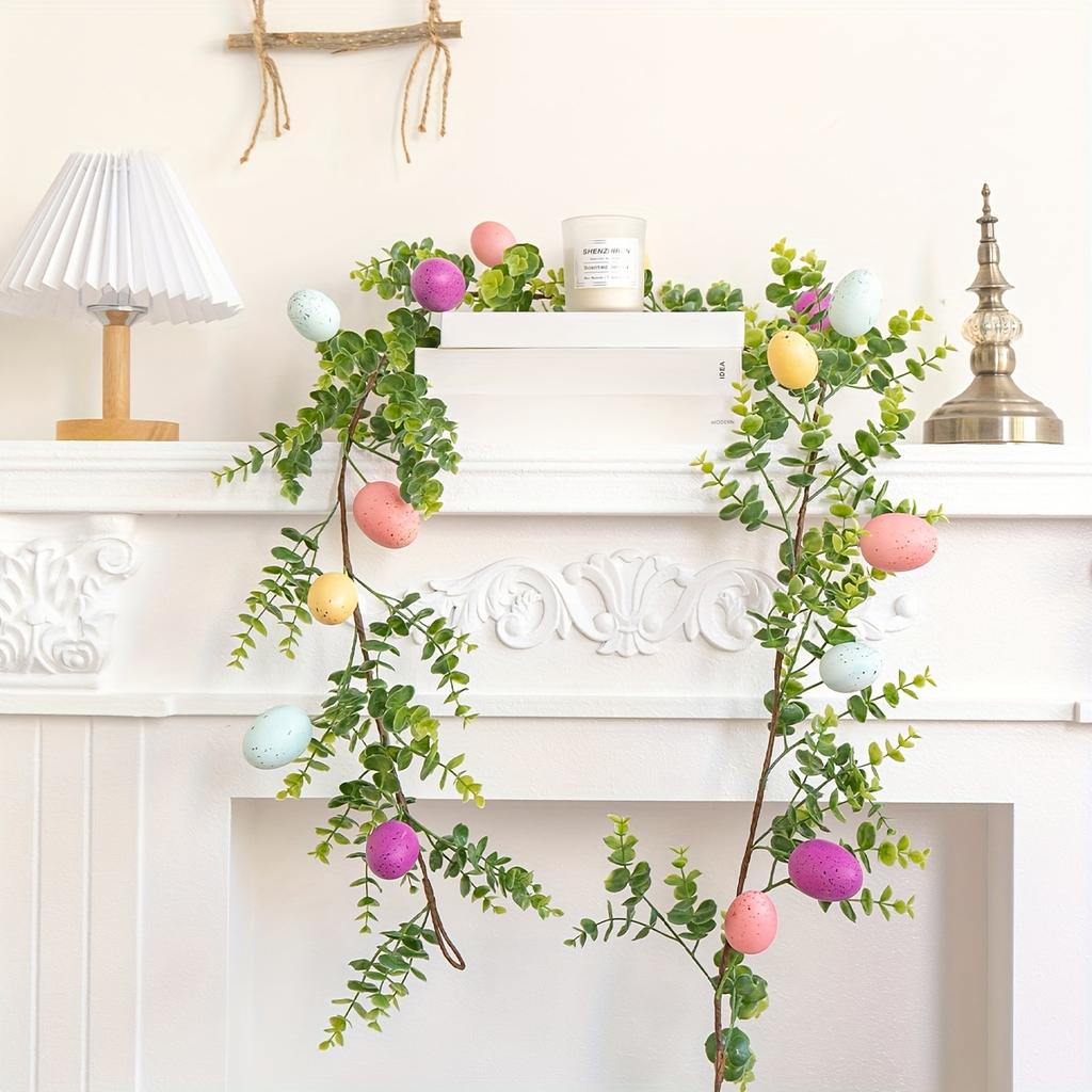 1pc 66.9 Inch Handmade Easter Garland, Indoor/Outdoor Decor with Mini Eggs and Eucalyptus Leaves for Easter Celebration