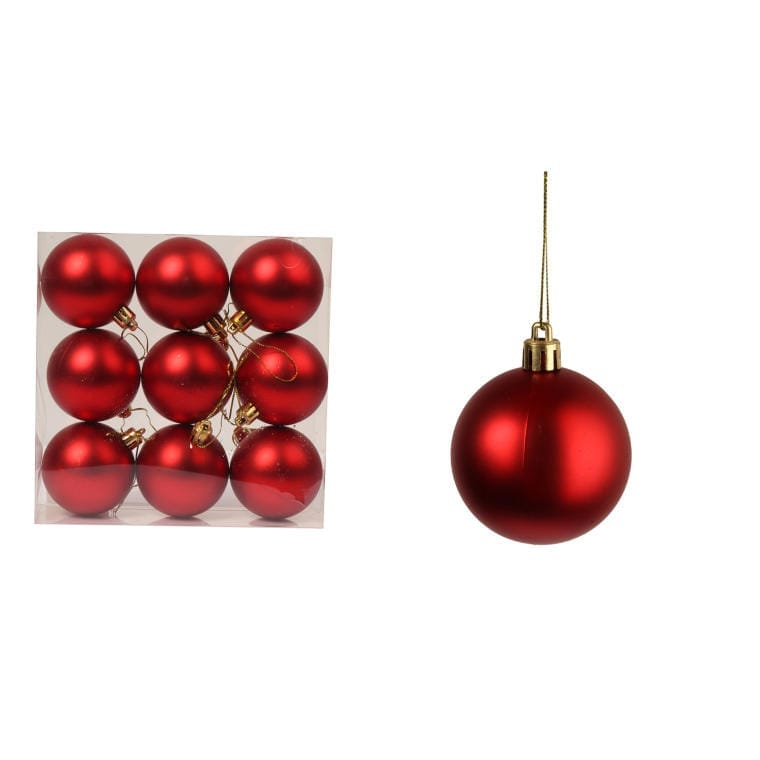 Set of 9 Red Plastic Baubles, 6 Cm In Size
