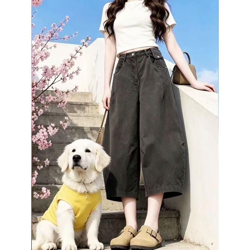Women s High Waist Wide Leg Jeans Loose Fit Korean Style Solid Color Cropped Cargo Pants серый