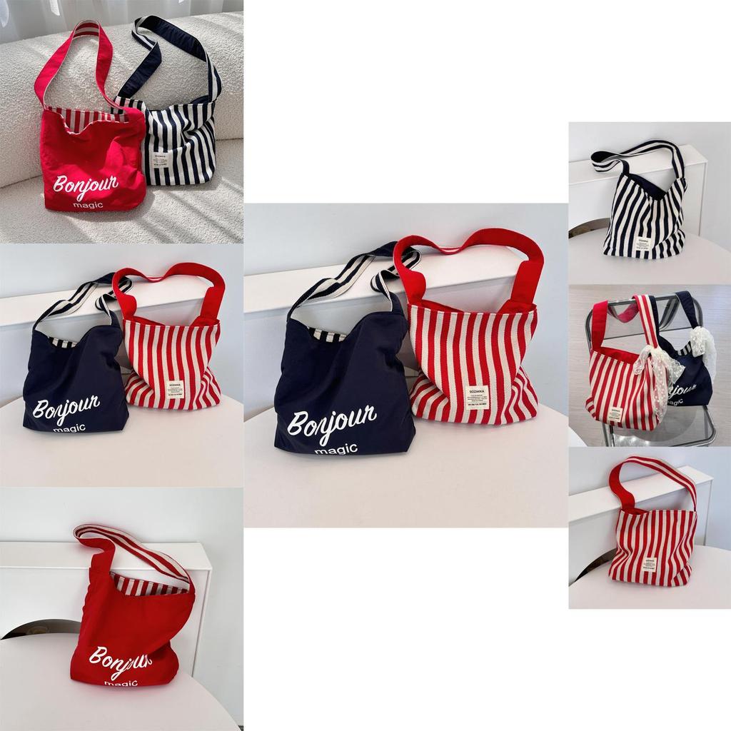 Fashionable Striped Canvas Tote Bag With Single Shoulder Strap For Casual Outings