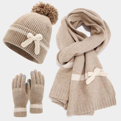Winter-Schleifen-Deko-Hut Schal Handschuhe Dreiteiliges Set Süß Mode Kalt Warm Hut-Set