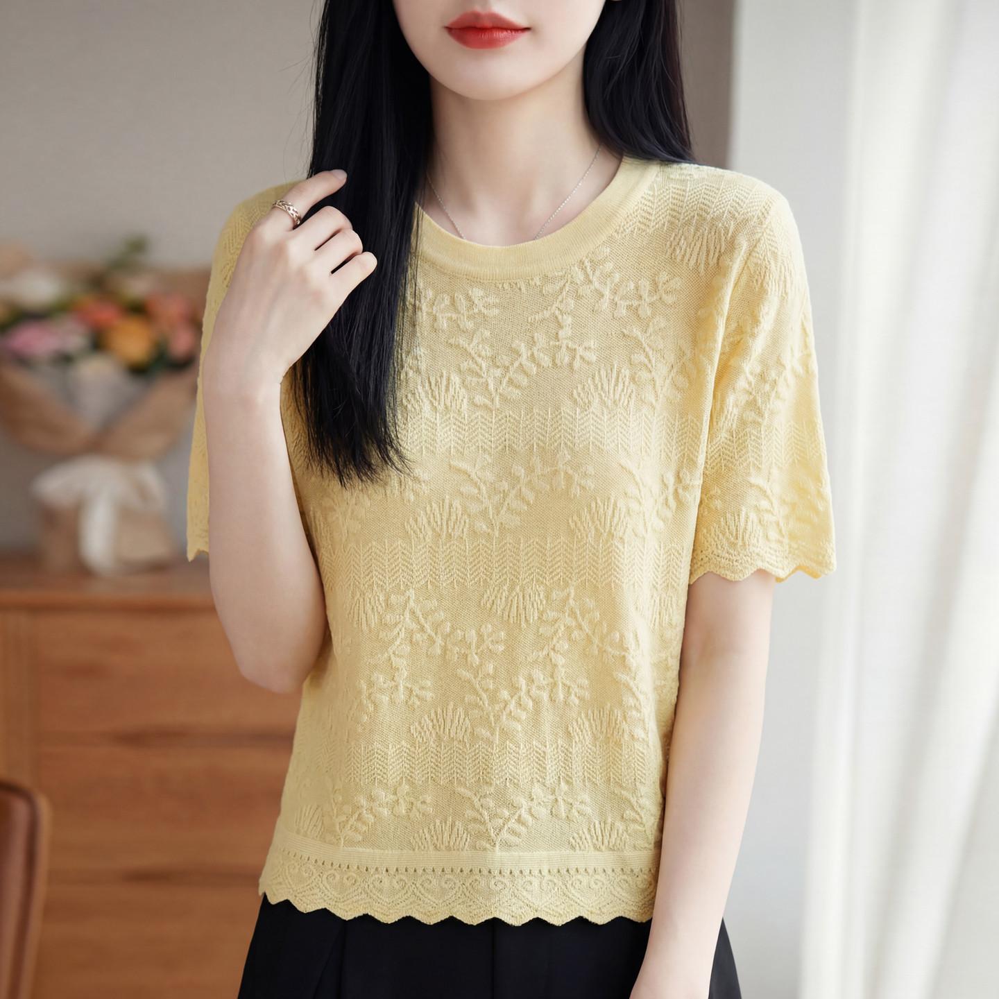 

Lady-style Jacquard Knitted Short-sleeved T-shirt with Round Neckline, Lightweight and Slimming, Stylish Top XL жовтий