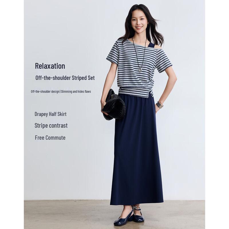 Women s Asymmetrical Shoulder Striped Two-Piece Set M