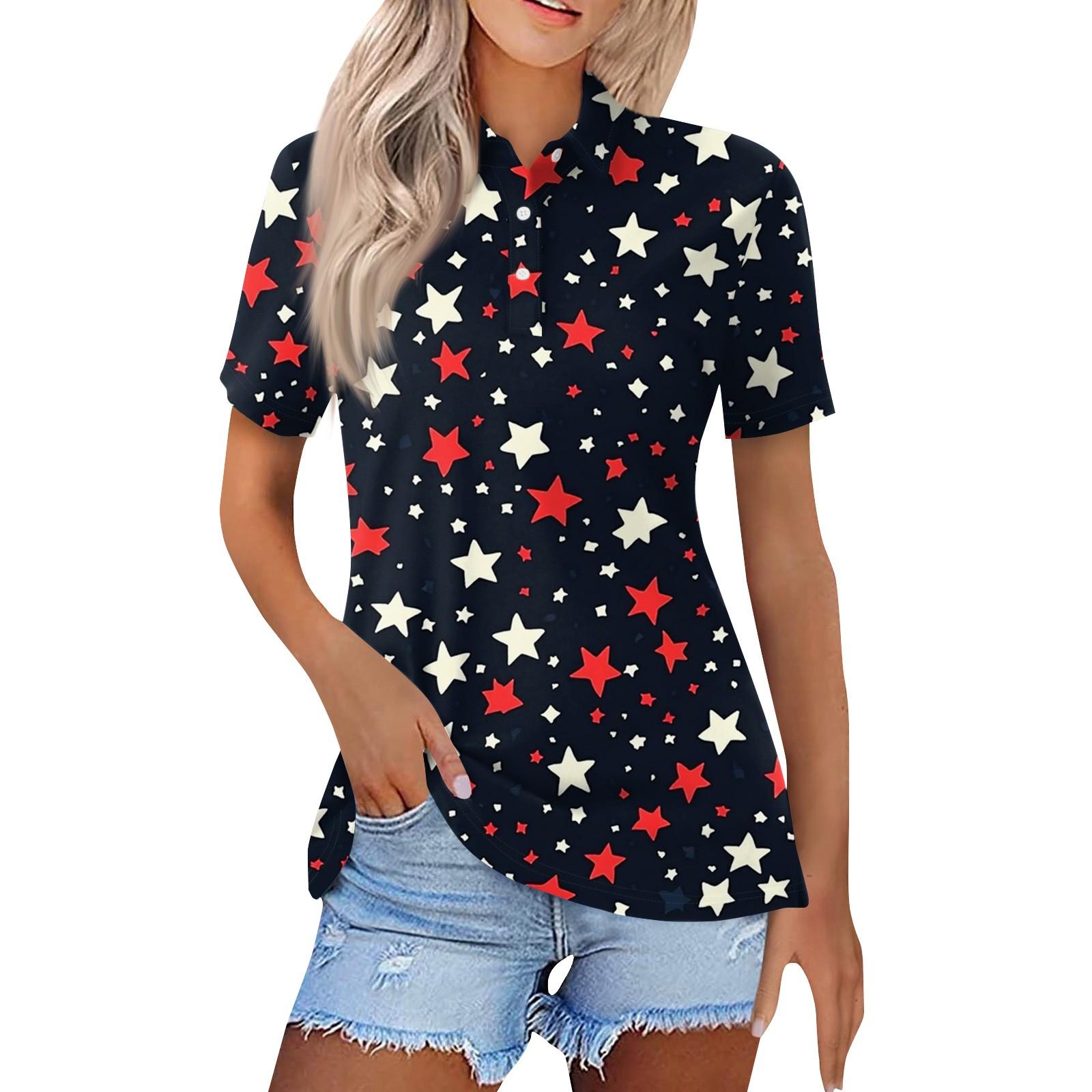 

Женская модная повседневная рубашка с отворотом и коротким рукавом с принтом, женские топы на пуговицах M тёмно-синий