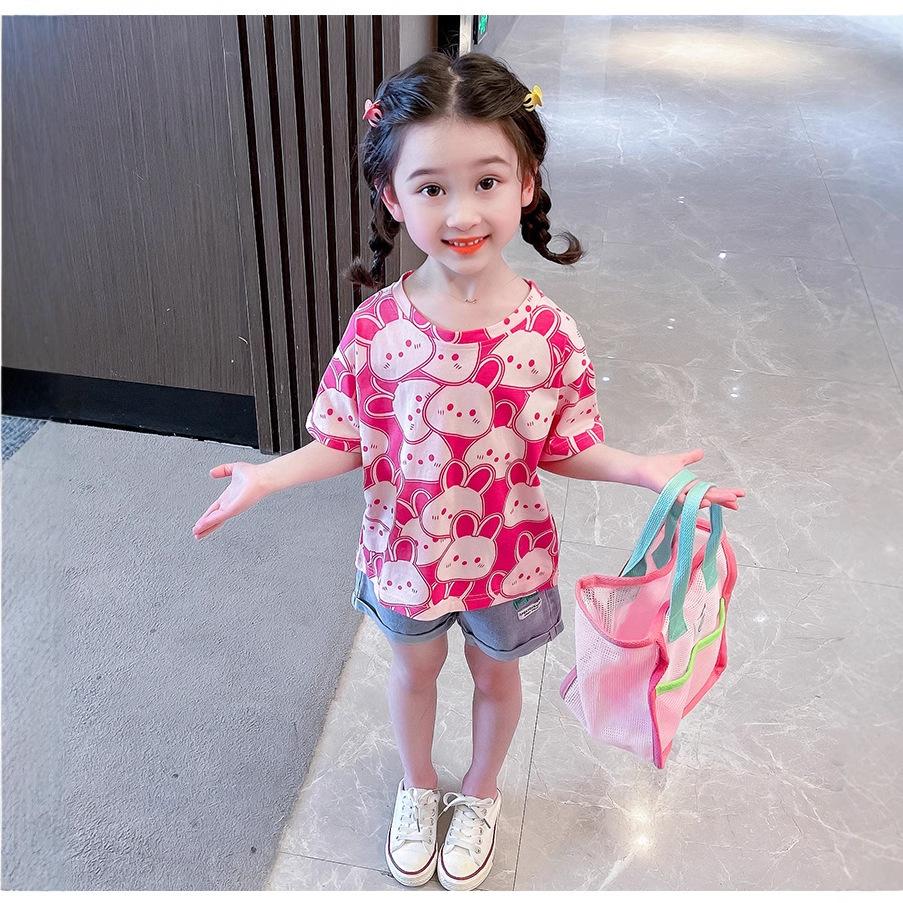 Summer Girls Cute Cartoon Rabbit Print Round Neck Short Sleeve T Shirt