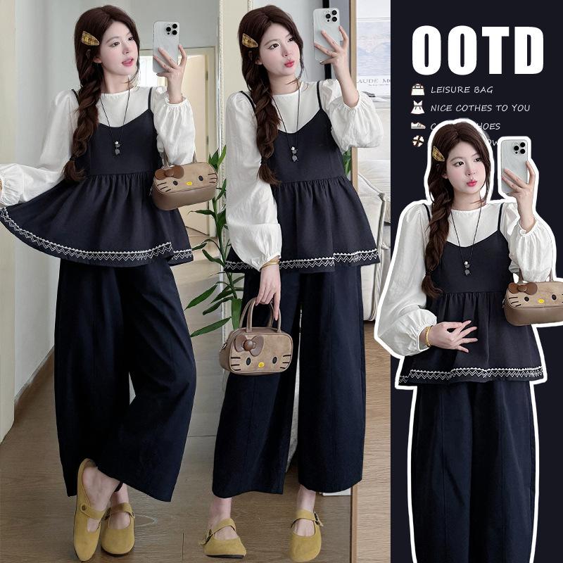 Spring 2026 New Petite Korean Style Maternity Three-Piece Set: Sweet Versatile Top, Vest, and Wide-Leg Pants 2XL