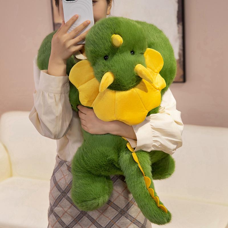 Cartoon Green Plush Triceratops Dinosaur Doll Toy Stuffed Dino Lying Sitting Animal Plushie Birthday Present