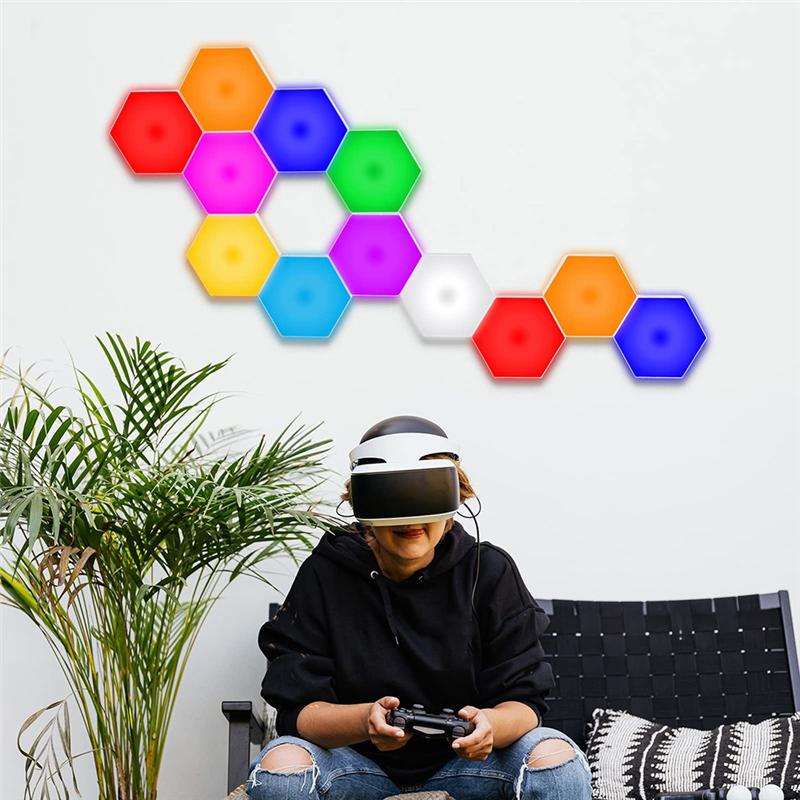 A03F-Hexagon LED Light Remote DIY Geometry Hex Light Touch Sensitive RGB Colorful Wall-Mounted Panels For Bedroom Living Room