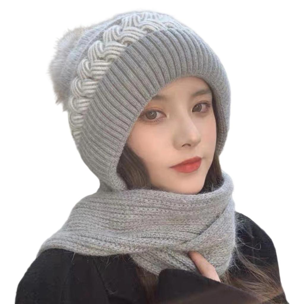 Women's Winter Knitted Hat And Scarf Set, With Pom-poms, Soft And Warm Knitted Headscarf
