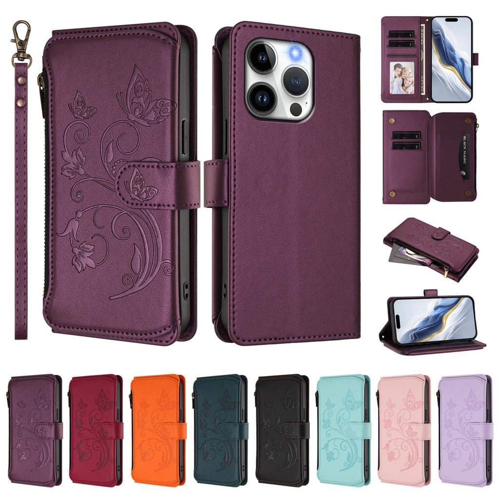 For iPhone 15 Pro Leather Case Butterfly Floral Imprint Zipper Wallet Stand Cover with Wrist Strap
