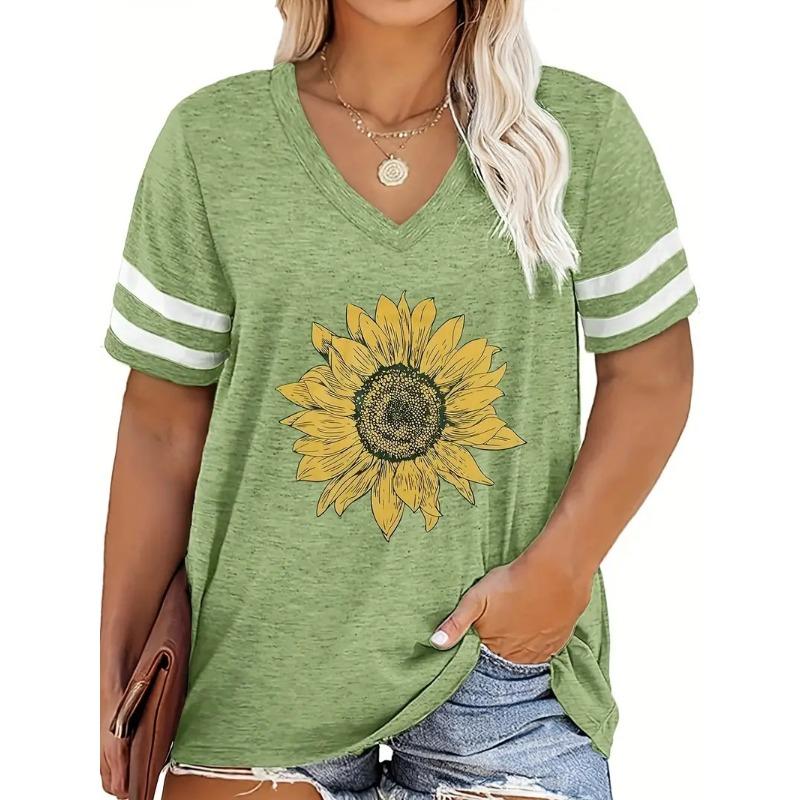 Summer V-neck 3D Love Sunflower Printed Top Fashionable Casual Short Sleeved Women's T-shirts