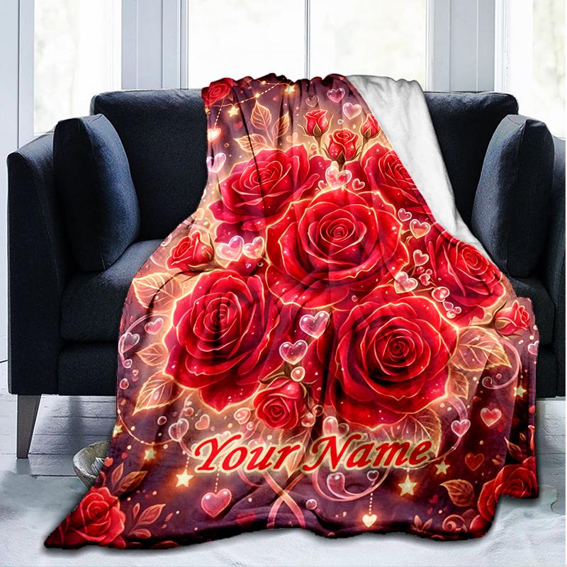 1PC Custom Name Roses Hearts Background flannel blanket versatile,all-season throw suitable for the living room,bedroom,camping,travel,and gift