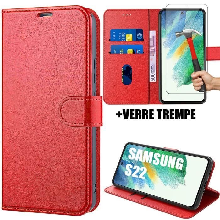 Coque de Protection - PROSHOP - pour Samsung S22 - Rouge - Effet Cuir - Anti-Choc - avec 2 Verres Trempés