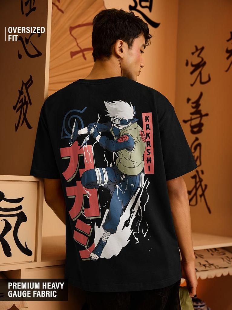 The Souled Store Naruto Shippuden Kakashi Men and Boys Short Sleeves Round Neck Black Graphic Printed Cotton Oversized TShirts