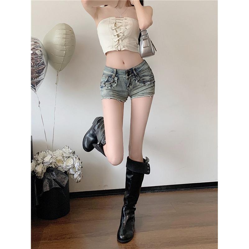 American Style Low Waist Denim Shorts for Women Spring Summer Vintage Pure Desire Slim Fit Hip-Hugging Hot Pants Trend