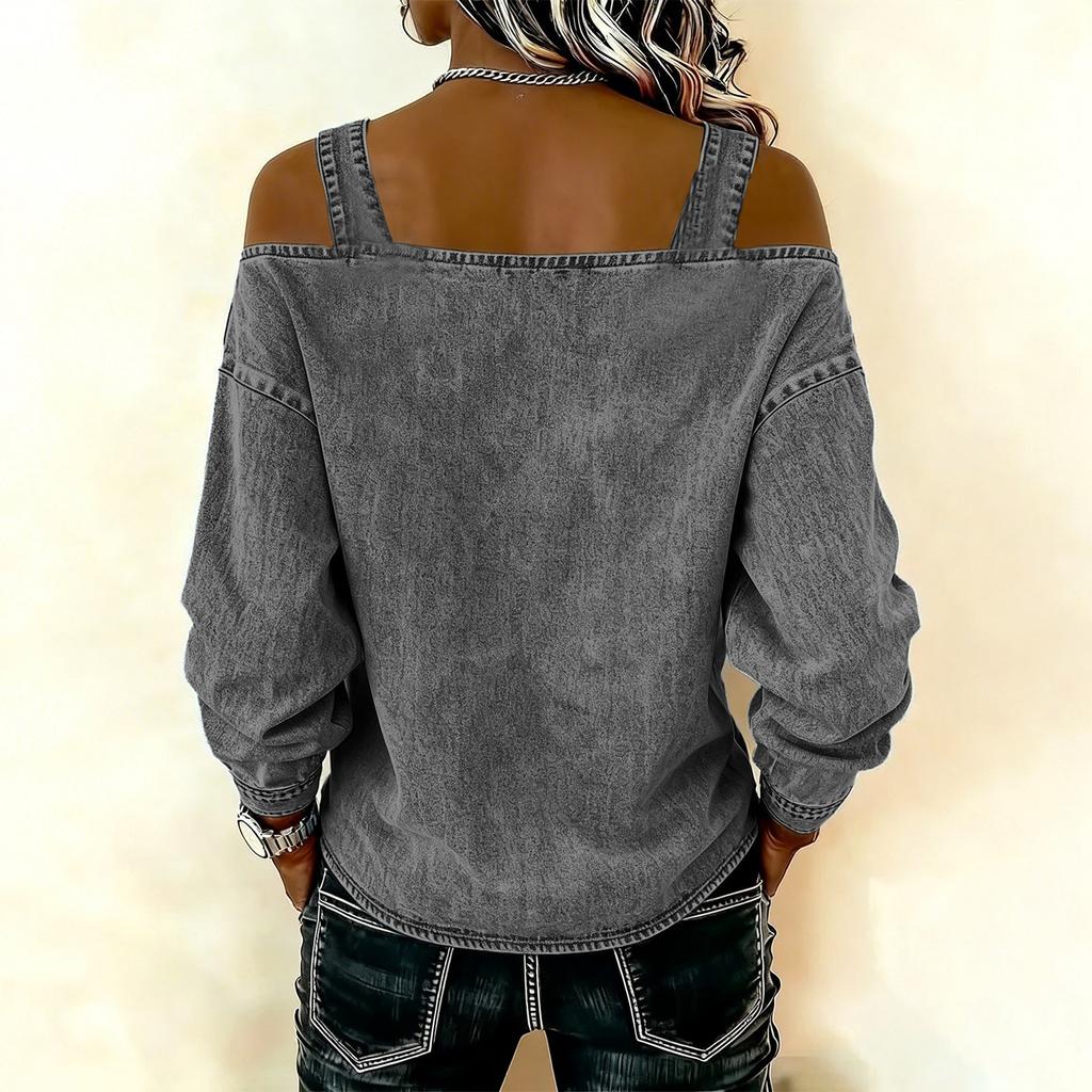 Women's Elegant And Versatile Off-the-shoulder Long-sleeved Top With Shoulder Straps.