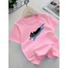 European Sizes ' Pink Short Sleeve T-Shirt with Cute Black Cat & Tuna Fish Print - Summer Casual Round Neck Top, Soft Pink Blouse-like