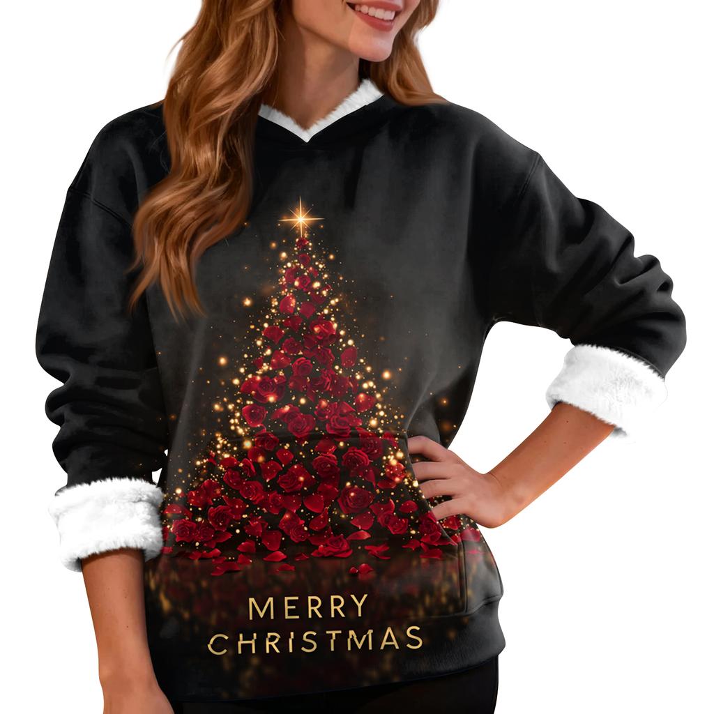 Women's Casual Fashion Plus Velvet Thickened Christmas Print Hooded Sweatshirt