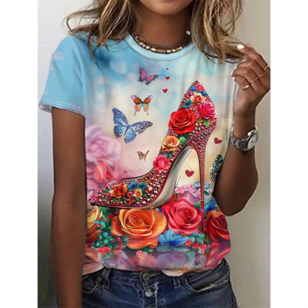 T-Shirt mit Schmetterlingsmuster für Damen, Blumen- und Insektenmotiv, 3D-Druck, lockere Oberteile für den Sommer, kurze Ärmel, Persönlichkeit, O-Ausschnitt
