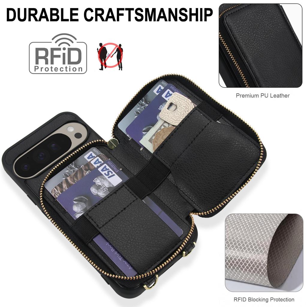 For Google Pixel 9/9 Pro Case RFID Blocking Zipper Wallet Leather + TPU Phone Cover with Shoulder Strap