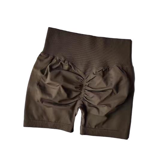 Høy midje Yoga Sportsshorts Ensfarget Slankende Løpeshorts Ensfarget Rynkete Hoftehevende Shorts