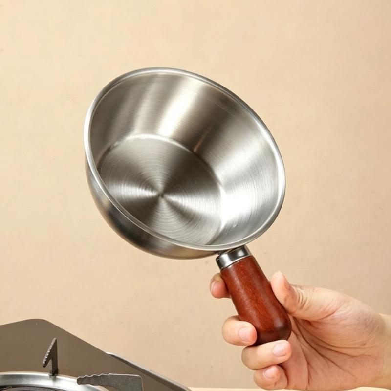 1Pcs Non-Slip Base Even Heat Distribution Milk Pot Stainless Steel Pot With Heat-Resistant Wooden Handle Induction Compatible