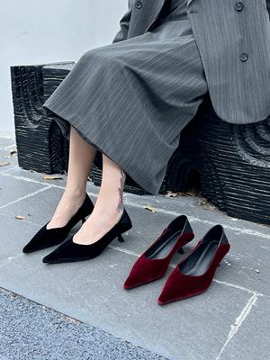 Fashion Elegant Women Pumps 2024 New Arrivals Pointed Toe Shallow Slip On Mules Shoes Thin Mid Heels Black/Wine Red Fashion Party Pumps