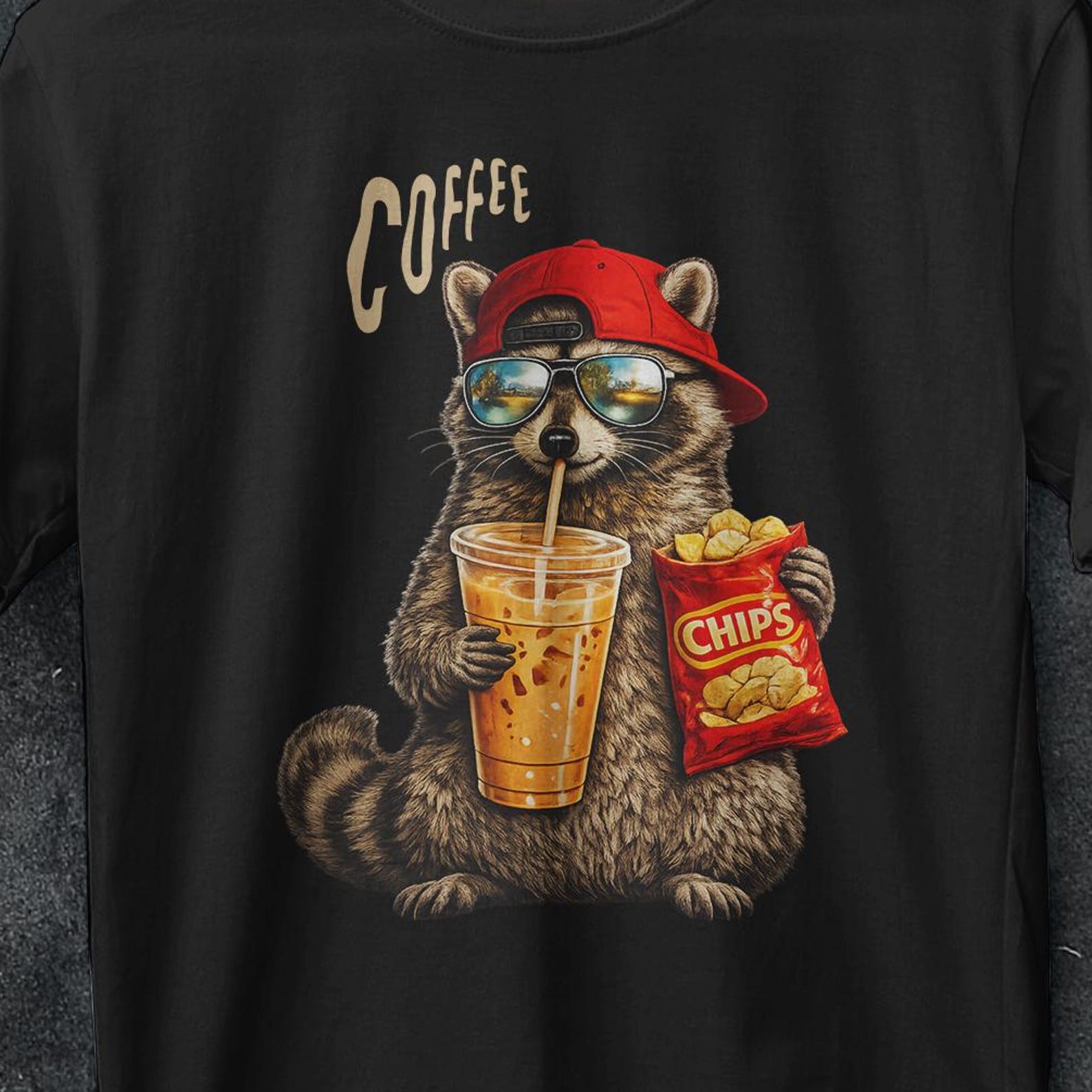 Raccoon Drinking Iced Coffee Shirt, gifts, Coffee Lover Shirt, Raccoon Coffee Shirt, Animal Lover Gifts, Iced Coffee Raccoon, Raccon shirt 4XL