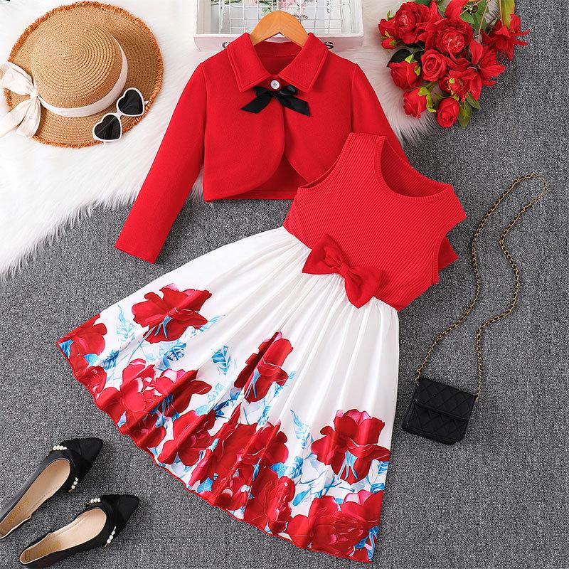 Девочковый красный комплект из двух предметов в стиле пэчворк: Кардиган с бантом и платье 5-6Y