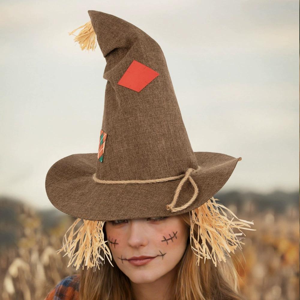 New Halloween Scarecrow Patch Witch Hat Halloween Witch Hat Cosplay Pointy Straw Witch Hat Festive Costume Accessory Party Props