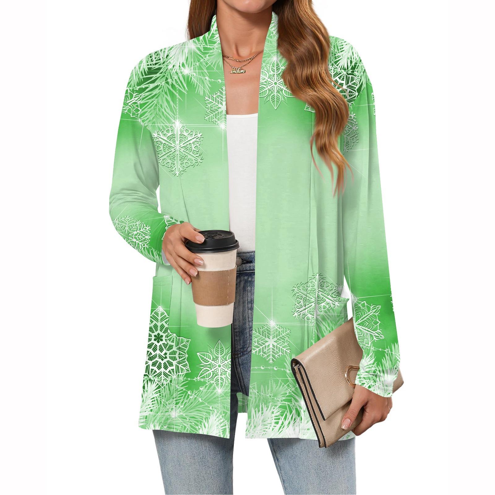 

Женский рождественский кардиган с принтом, легкий, с длинными рукавами, повседневный, свободного кроя, тонкий, с карманами, куртка-кардиган L зелёный